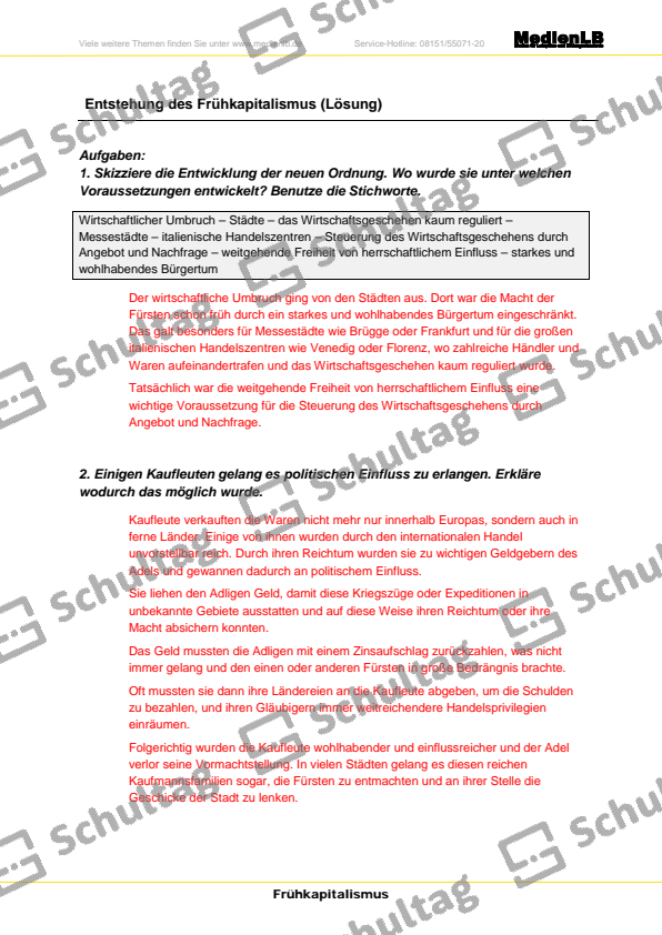 Entstehung des Frühkapitalismus Schultag
