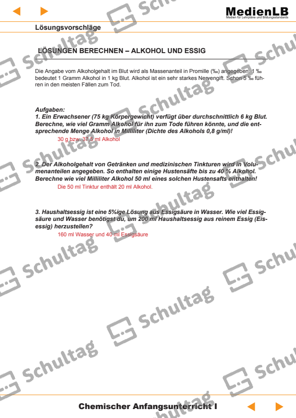 LÖSUNGEN BERECHNEN ALKOHOL UND ESSIG Schultag