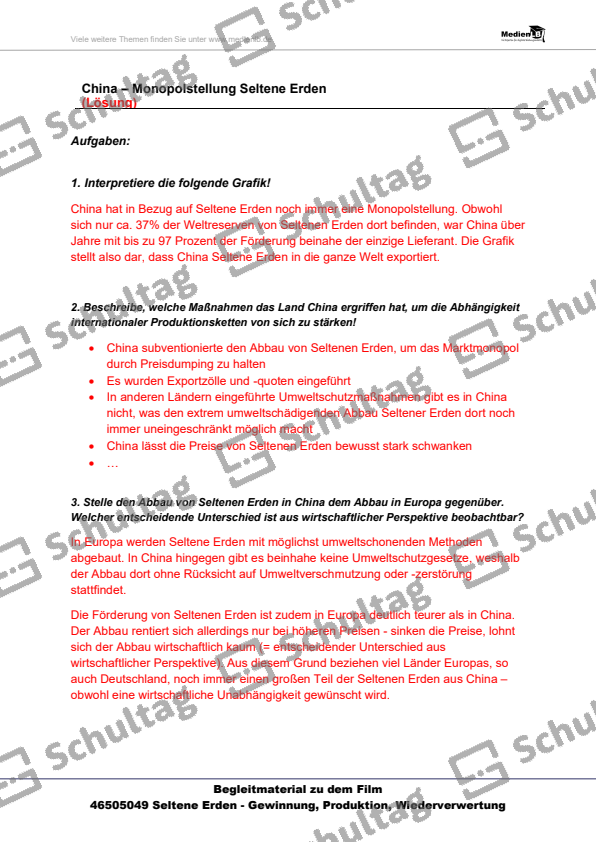 China Monopolstellung Seltene Erden Schultag