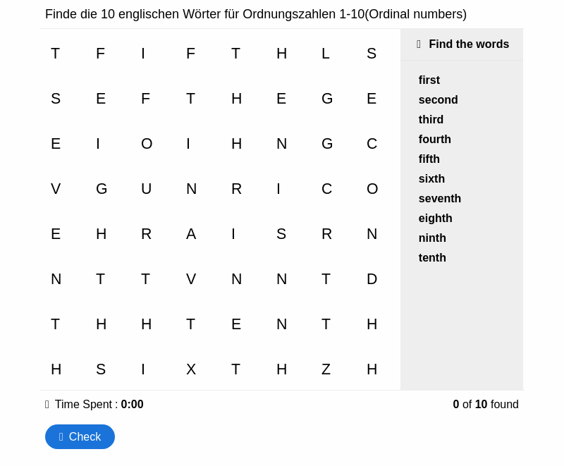 10 Wörter – Englisch – Ordnungszahlen 1-10 – Suchsel ohne Wortliste